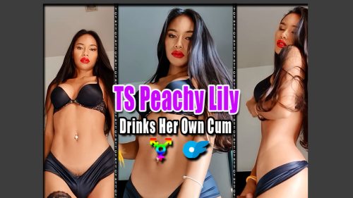 TS Peachy Lily Drinks Her Own Cum